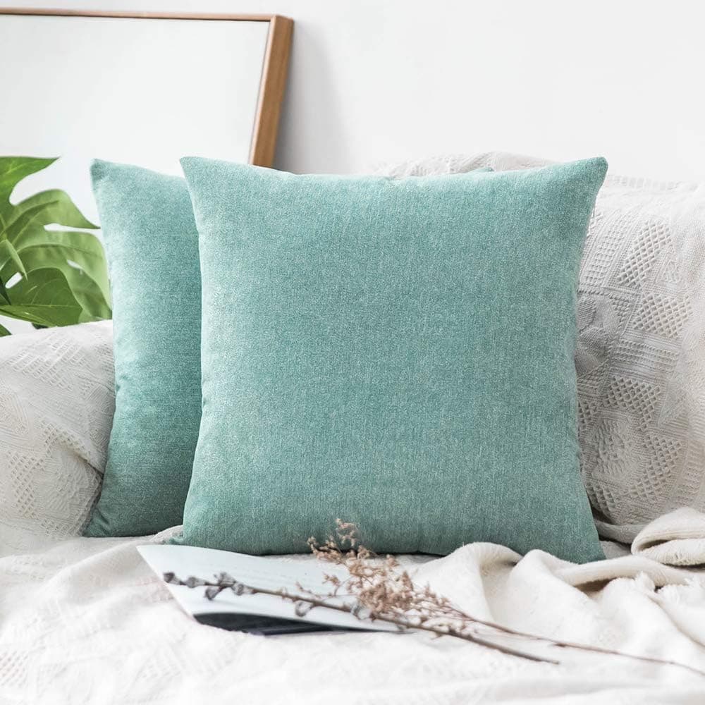 MIULEE Pack of 2 Decorative Throw Pillow Covers Square Soft Solid Chenille Velvet Cushion Cover Pillow Case for Sofa Bedroom Car 18x18 Inch 45x45 cm, Teal Green