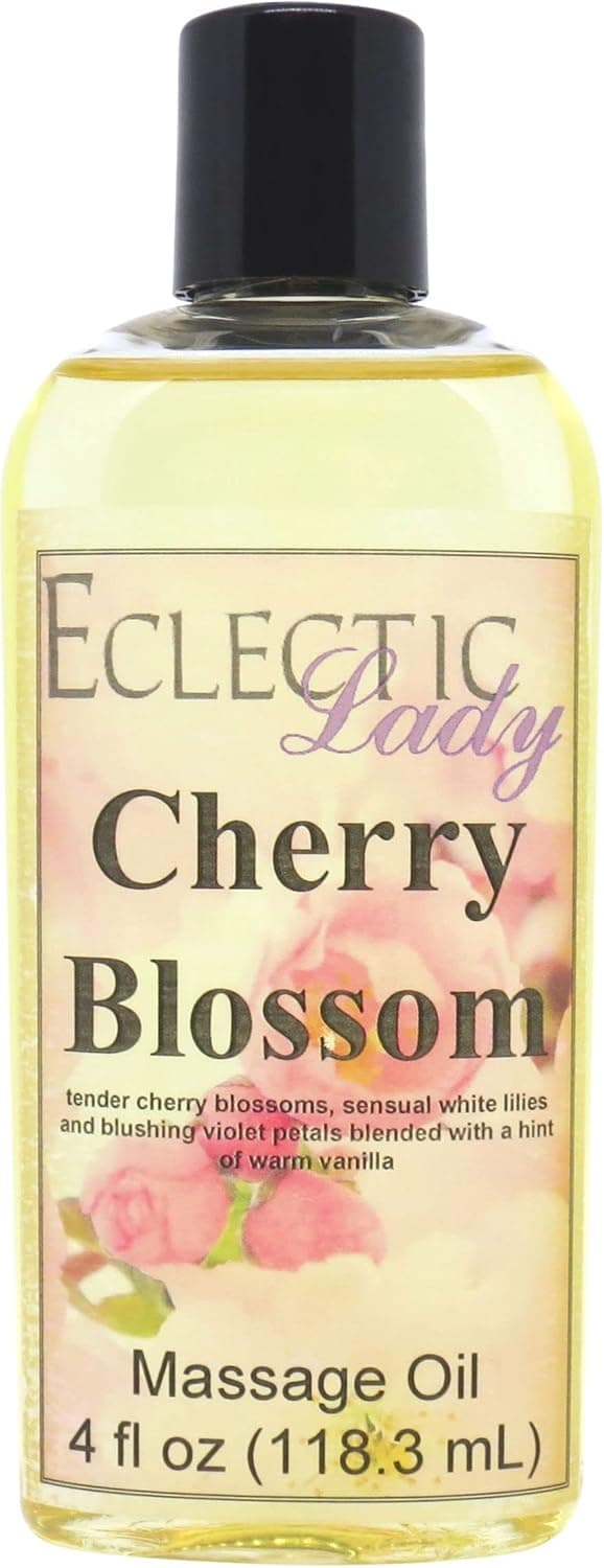 Cherry Blossom Massage Oil, 4 oz, with Sweet Almond Oil and Jojoba Oil, Preservative Free, Perfect for Aromatherapy and Relaxation