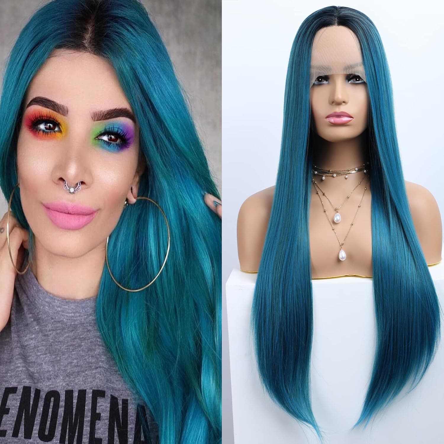 Phayre Ombre Green Blue Synthetic Lace Front Wig 13×2.5 Long Straight Glueless Heat Resistant Fiber Hair Wig for Fashion Women Natural Hair Line