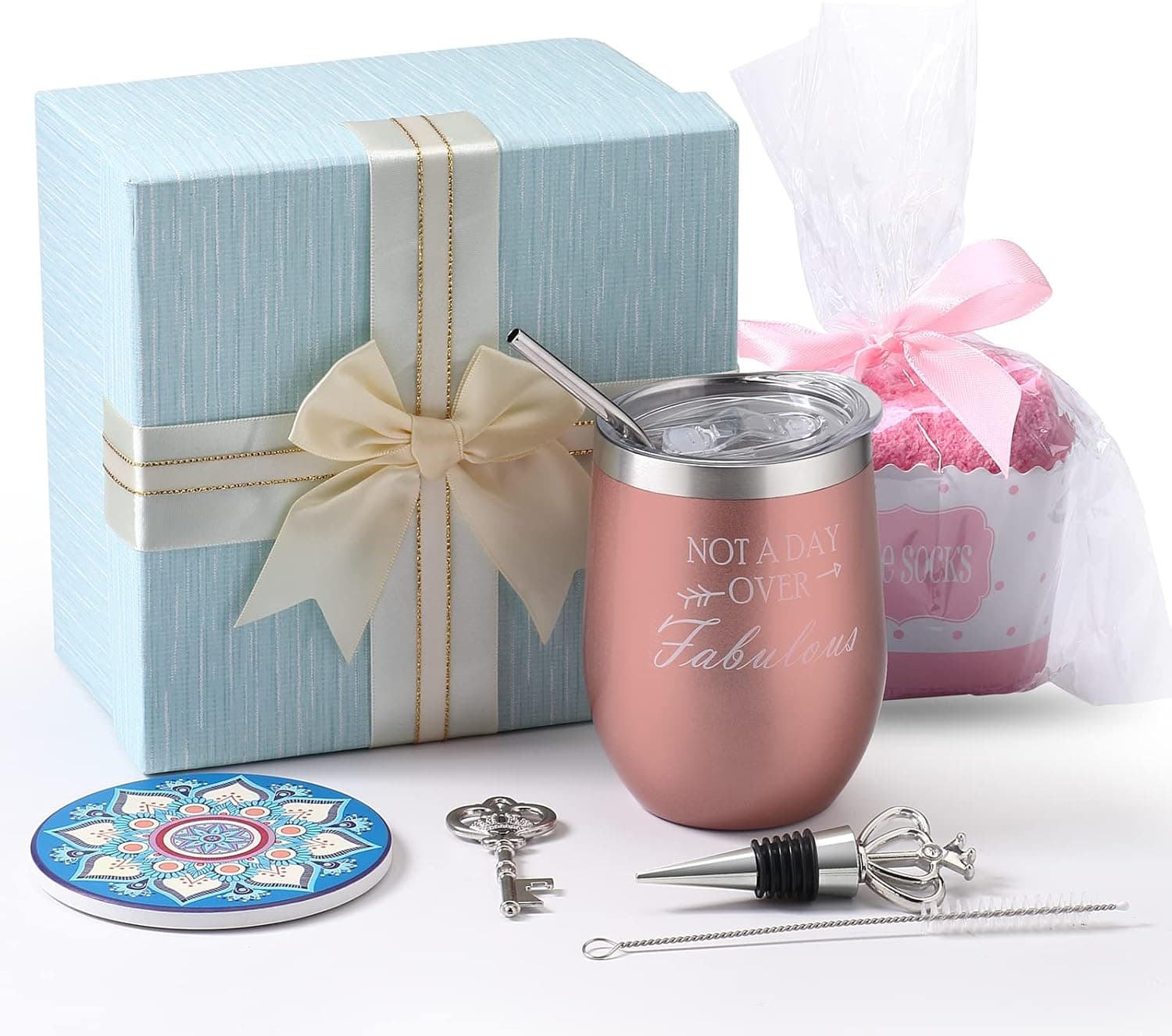 Homeleader Wine Tumbler Gift Set, Not A Day Over Fabulous Gift Box for Women Her Mom Sister Wife Girlfriend Best Friend, 12 oz Stainless Steel Wine Tumbler, Not a Day Over Fabulous