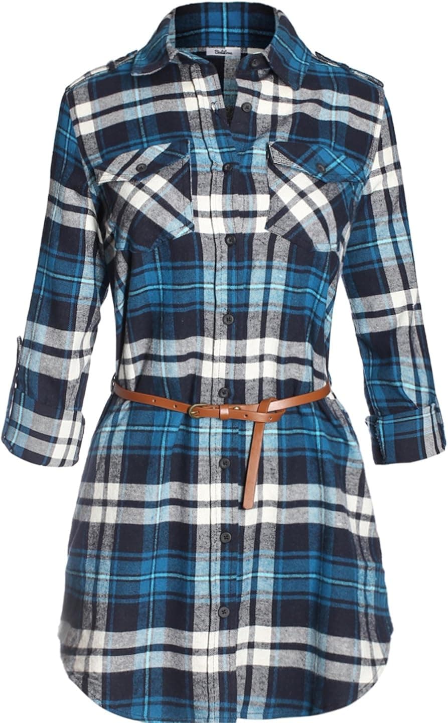 BodiLove Women's Trendy Belted Button Up Plaid Flannel Cotton Dress