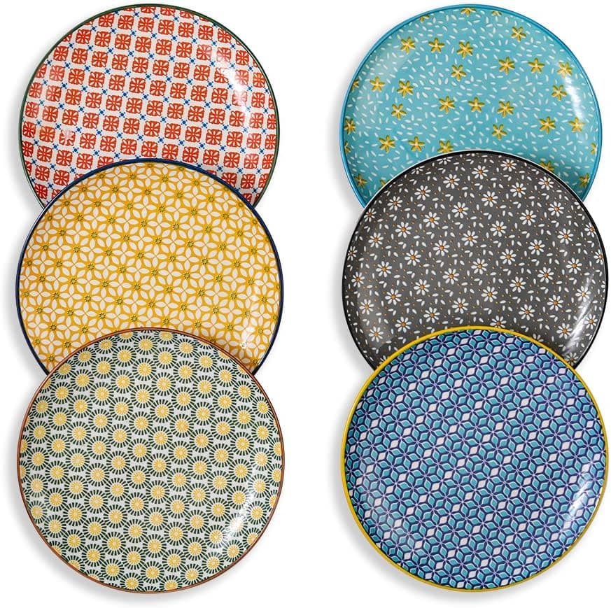 Dessert Plates Set Ceramic Plate - Porcelain Appetizer Salad Plates 8 inch - Flat Kitchen Colorful Plate with Pattern for Breakfast | Lunch | Dinner - Microwave | Oven | Dishwasher Safe - Set of 6