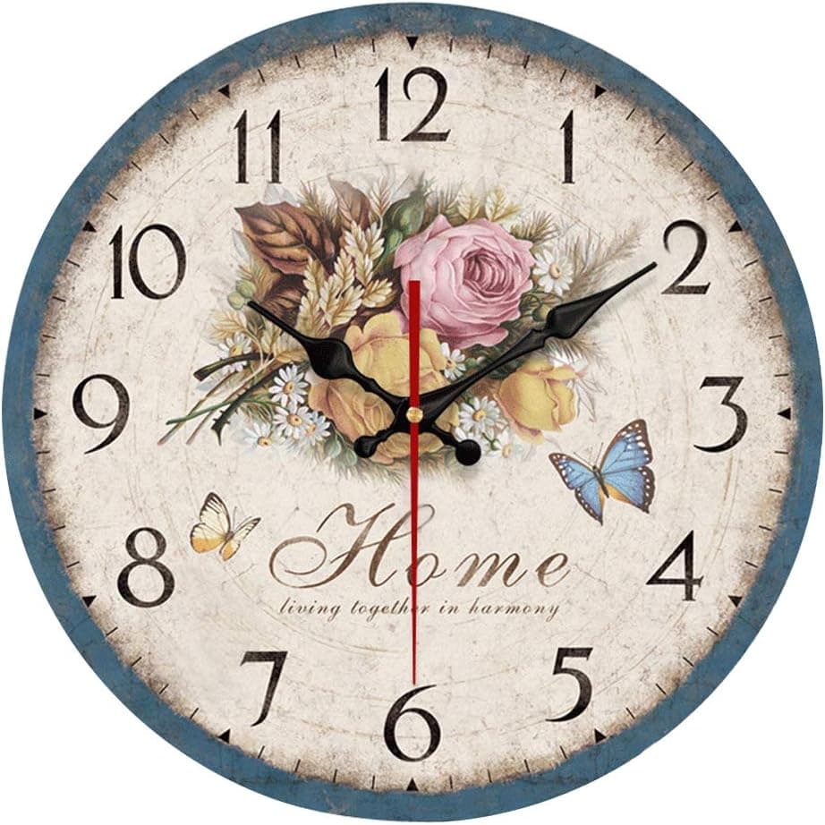 Yeyo Simple European Style Flowers Wall Clock Frameless Wooden MDF Waterproof Silent Art Decor for Home Living Room Office Decoration (12inch)