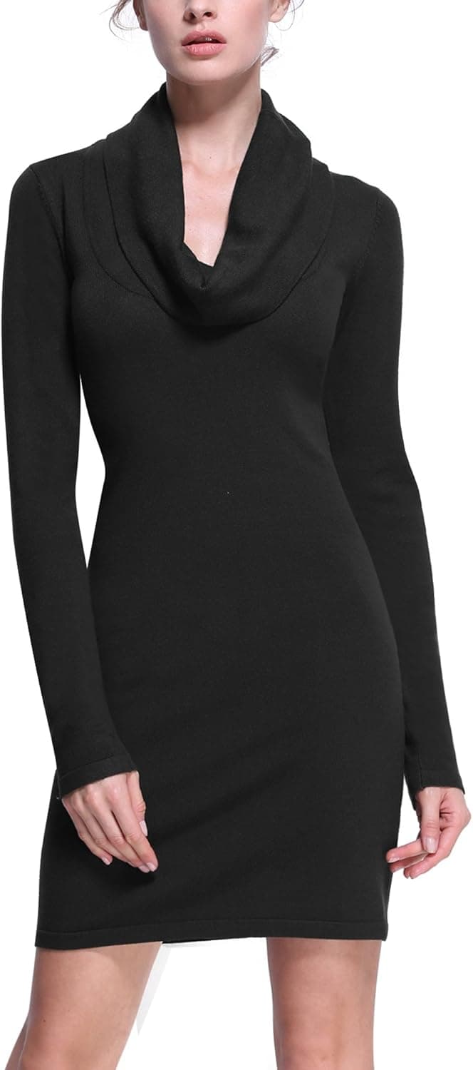 Roco Rose Women's Cowl Neck Long Sleeve Slim Fit Knit Sweater Dress