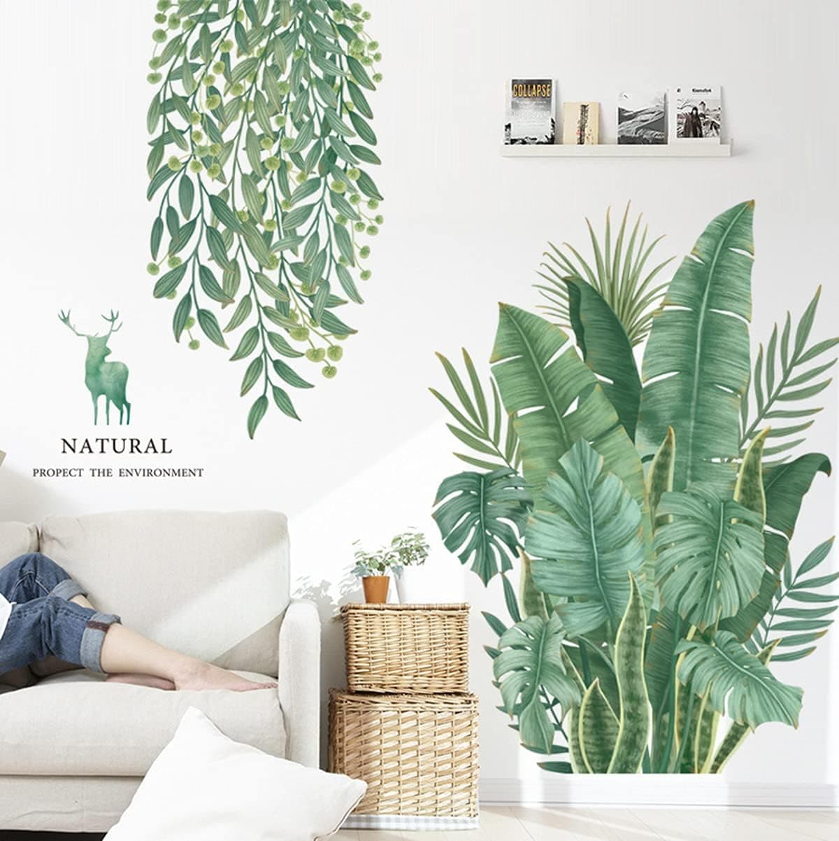 Doneace Large Green Leaf Wall Stickers Waterproof Wall Decals Green Leaves Banana Plant Wall Sticker for Bedroom Living Room Wall Decor Kitchen Decoration DIY Vinyl Wall Decals Door Murals Home Decor