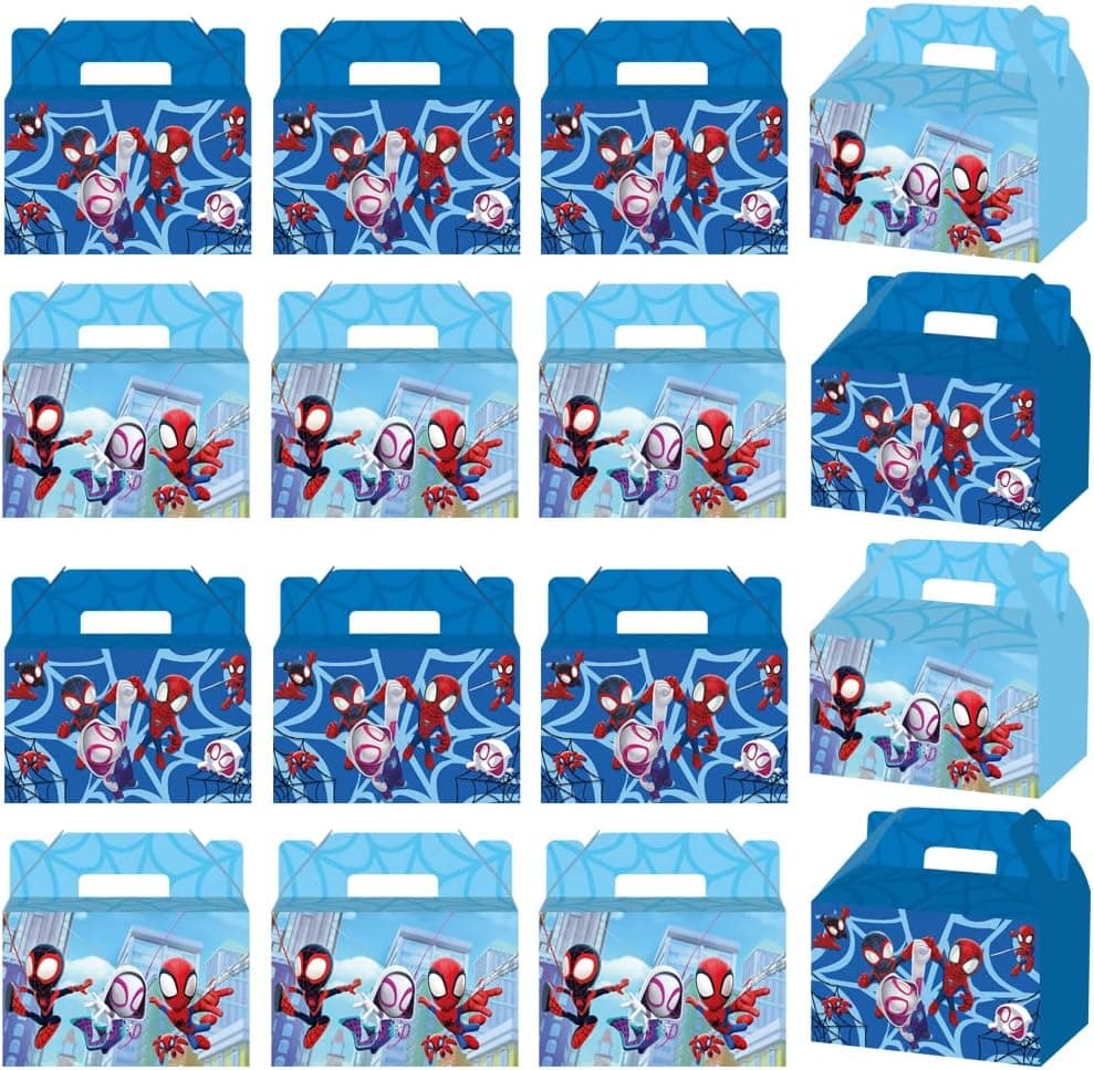 16 PCS Spider Friends Birthday Party Favor Boxes Spider Hero Party Candy Gift Boxes Cartoon Birthday Party Decorations Goodie Bags for Kids Birthday Spider Themed Party