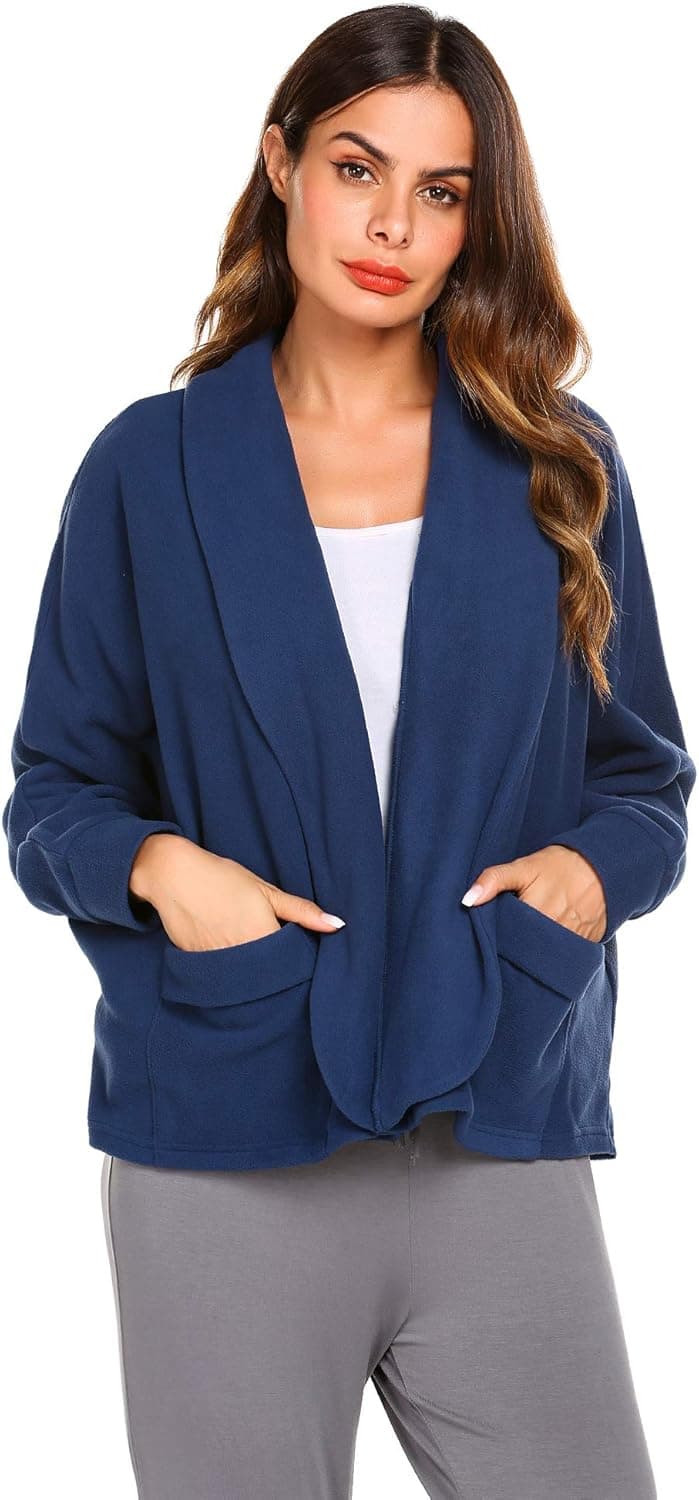 Ekouaer Womens Bed Jacket Peter Pan-Collar Robe Lounge Sleepwear,Navy,Large