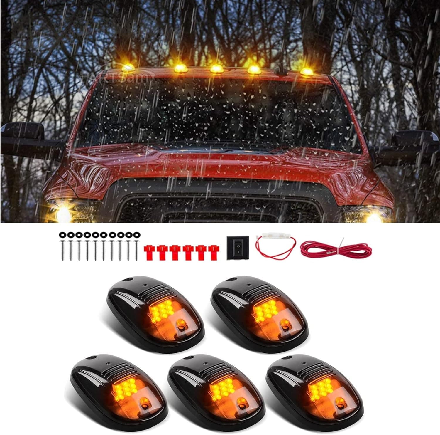 Banpo 5 X Cab Marker Light, Smoke Lens Amber LED Housing Cab Roof Running Lights, Accessories Light Sets w/Wiring Pack Compatible with 2003-2018 Dodge Ram 1500 2500 3500 4500 5500 Pickup Trucks