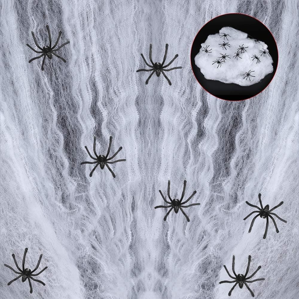 OWUSHEE 200 sqft Spider Web with 28 Fake Spider Halloween Decoration, Halloween Stretch Spider Cobwebs for Indoor Outdoor Halloween Decorations Spider Web for Halloween, Halloween Party Supplies