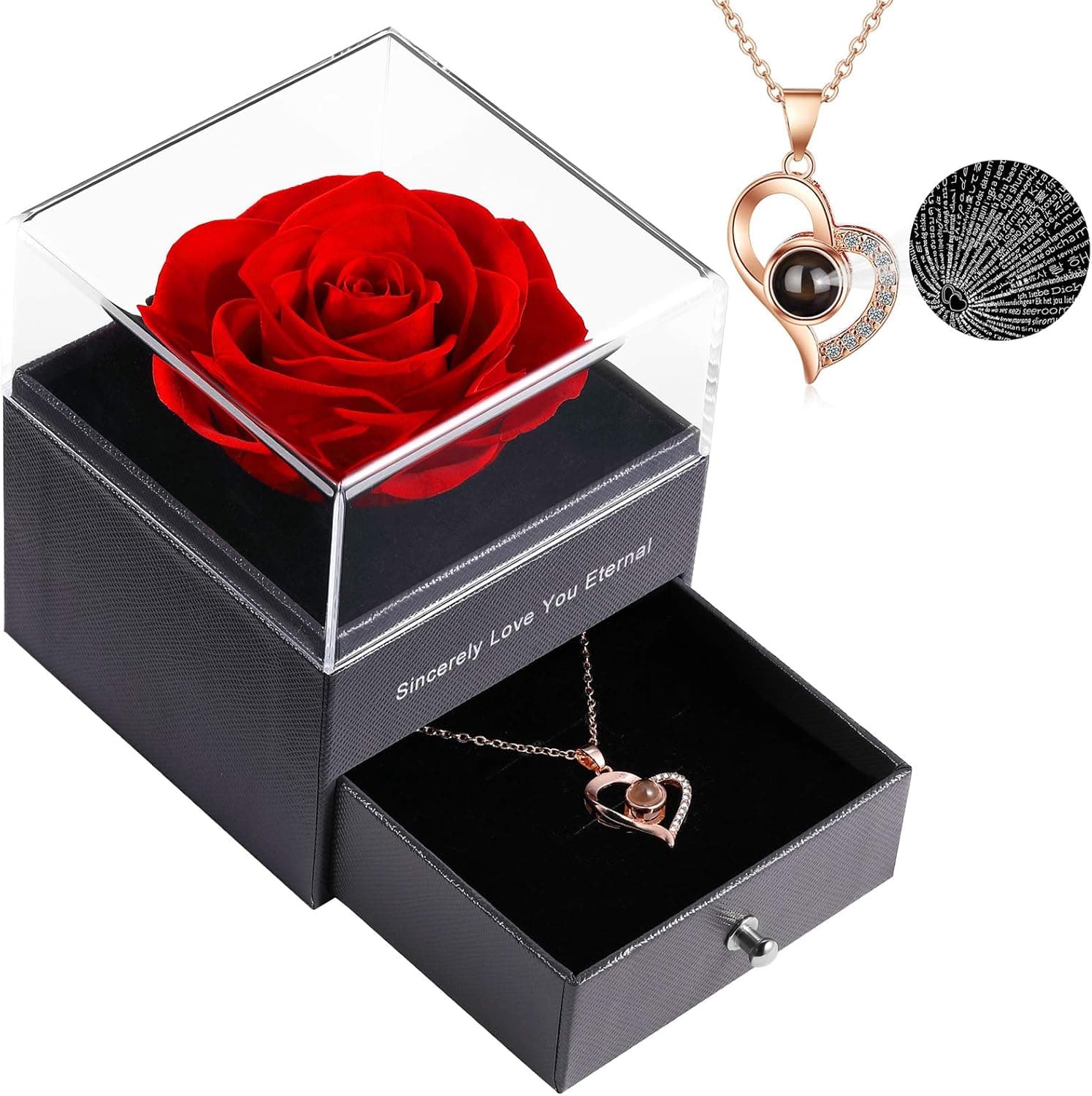 Preserved Real Rose Enchanted Real Rose with Love You Heart Necklace 100 Languages Gift Set,Handmade Preserved Flesh Flower Rose Gift Box for Her On Valentine's Day Anniversary Mother's Day