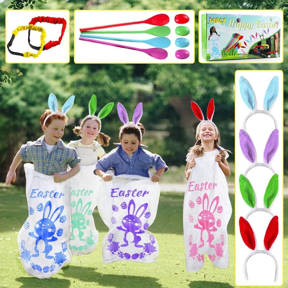 18PACK Easter Party Games for Kids, Easter Potato Sack Race Bags,Bunny Ears Headbands, Egg and Spoon Race Games,Legged Relay Race Bands,Easter Outdoor Games for Easter Eggs Hunt,Easter Party Supplies,Outside Lawn Games.
