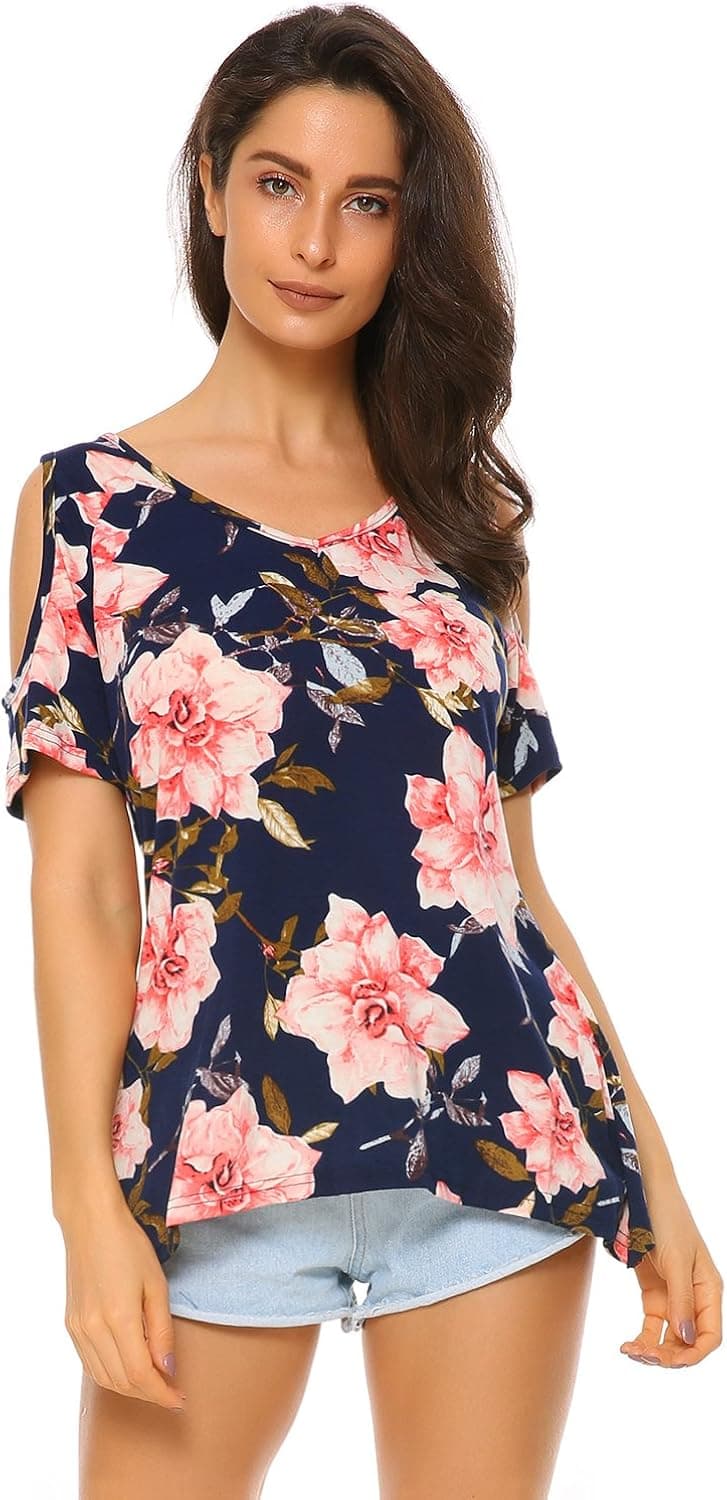 Mixfeer Womens Floral Tie Front Round Neck Long Sleeve Casual Top Blouse