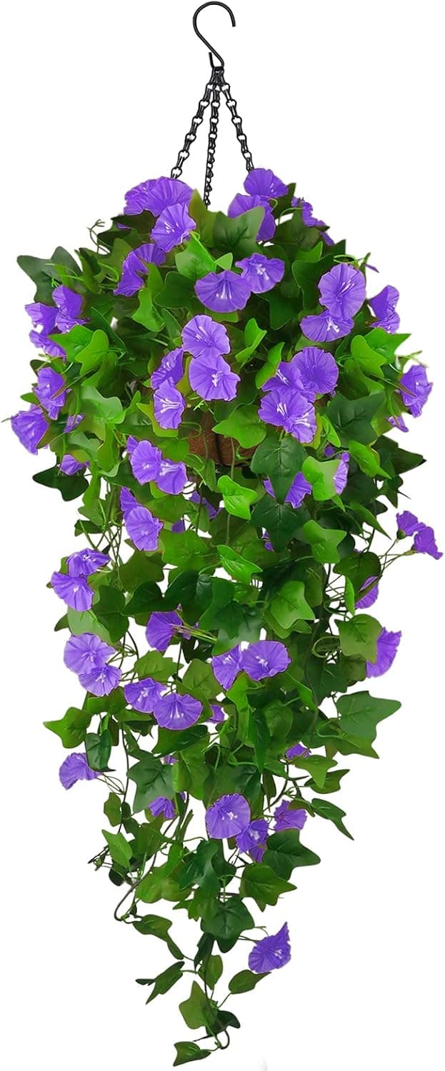 Hanging Planter with Artificial Hanging Vine Flowers, Plant Hanger UV Resistant Fake Plastic Faux Flower Morning Glory Fabric Wisteria Petunia for Indoor Outdoor Garden Porch Eave Balcony Wall Decor