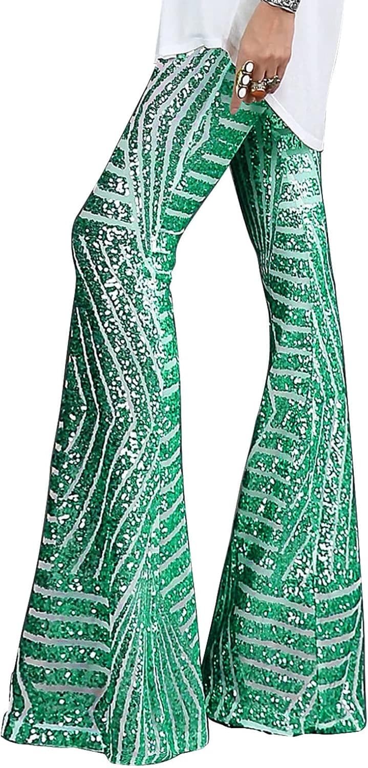 AZOKOE Women High Waist Wide Leg Palazzo Lounge Pants Sequin Bell Bottoms Trousers