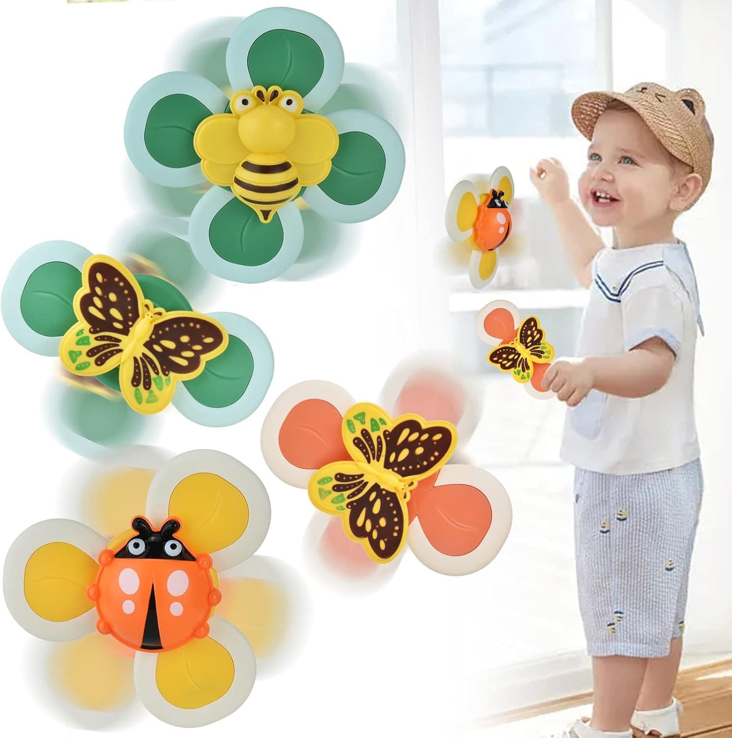 BFYWB 4PCS Suction Cup Spinner Toys for 1 2 3 Year Old Boys Girls, Spinning Top Baby Toys 12 to 18 18 to 24 Months, Christmas Birthday Baby Gifts for Boys Girls, Sensory Toys Bath Toys for Toddlers