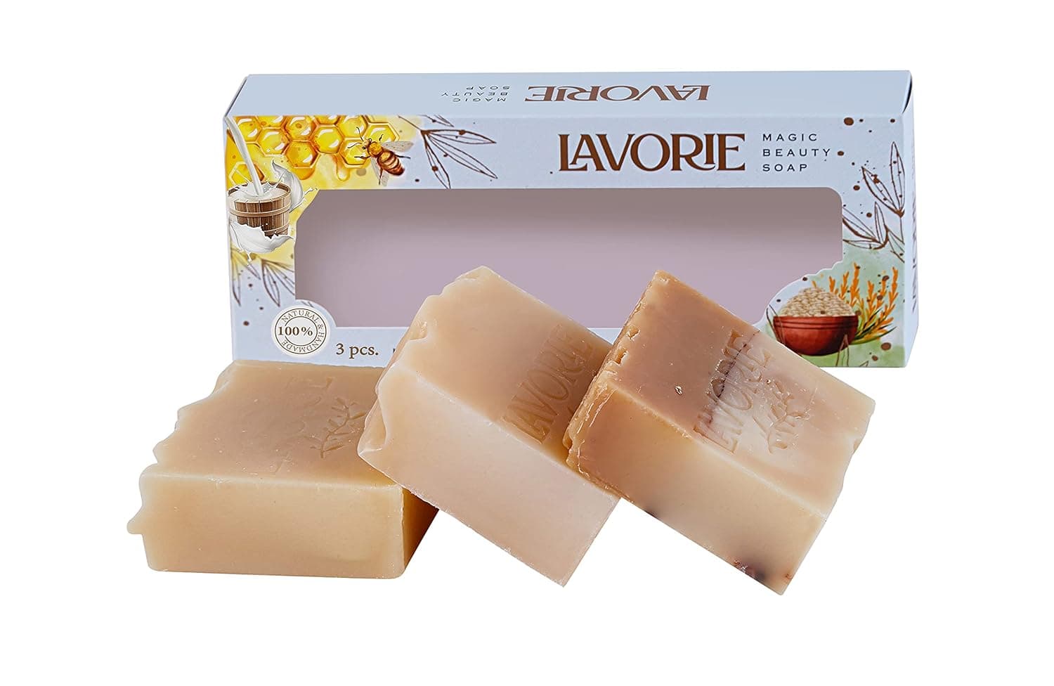 Lavorie 100% Natural Soap Bar Variety Pack 3 Pc, Honey & Goat Milk, Rice Bran, Shampoo Bar, Herbal, Handmade, Cold Process, Essential Oils, Cruelty Free, Lightly Scented Soap Bars (3 x 4.9oz)