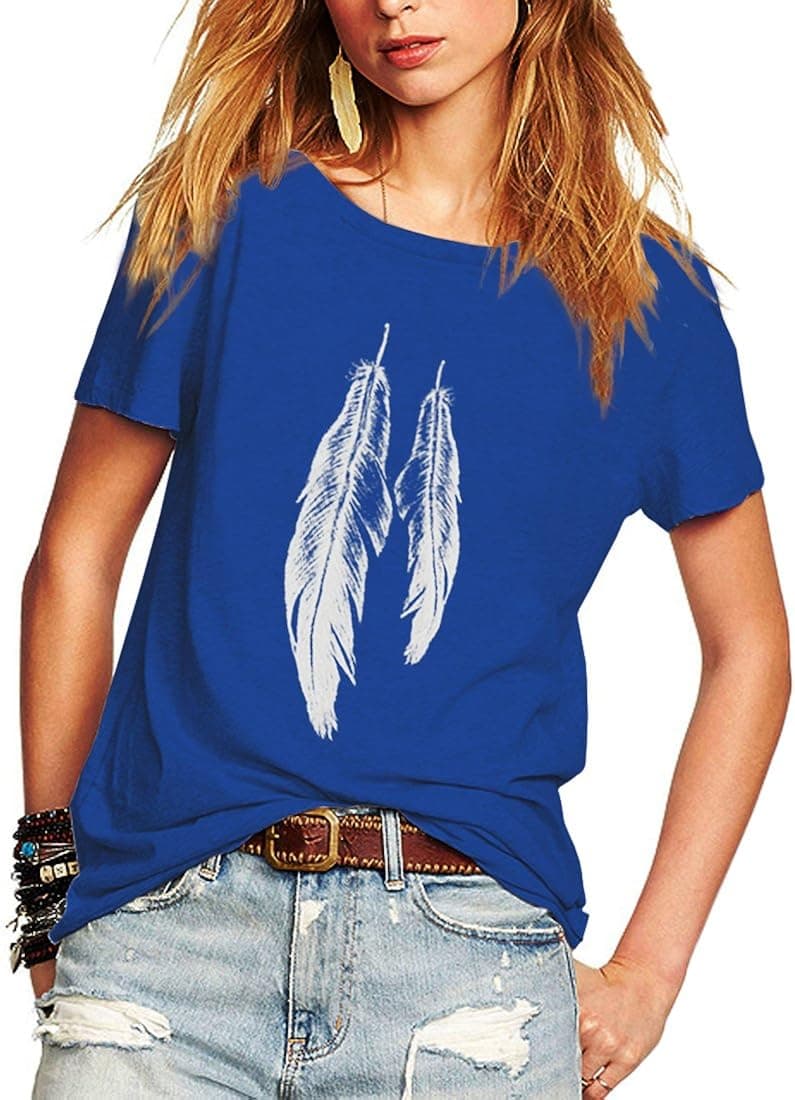 Weigou Summer Woman T Shirt Street Style Feathers Printed Short Sleeve T-Shirt Casual Loose Lady Tops Juniors Tees (XL, Blue)