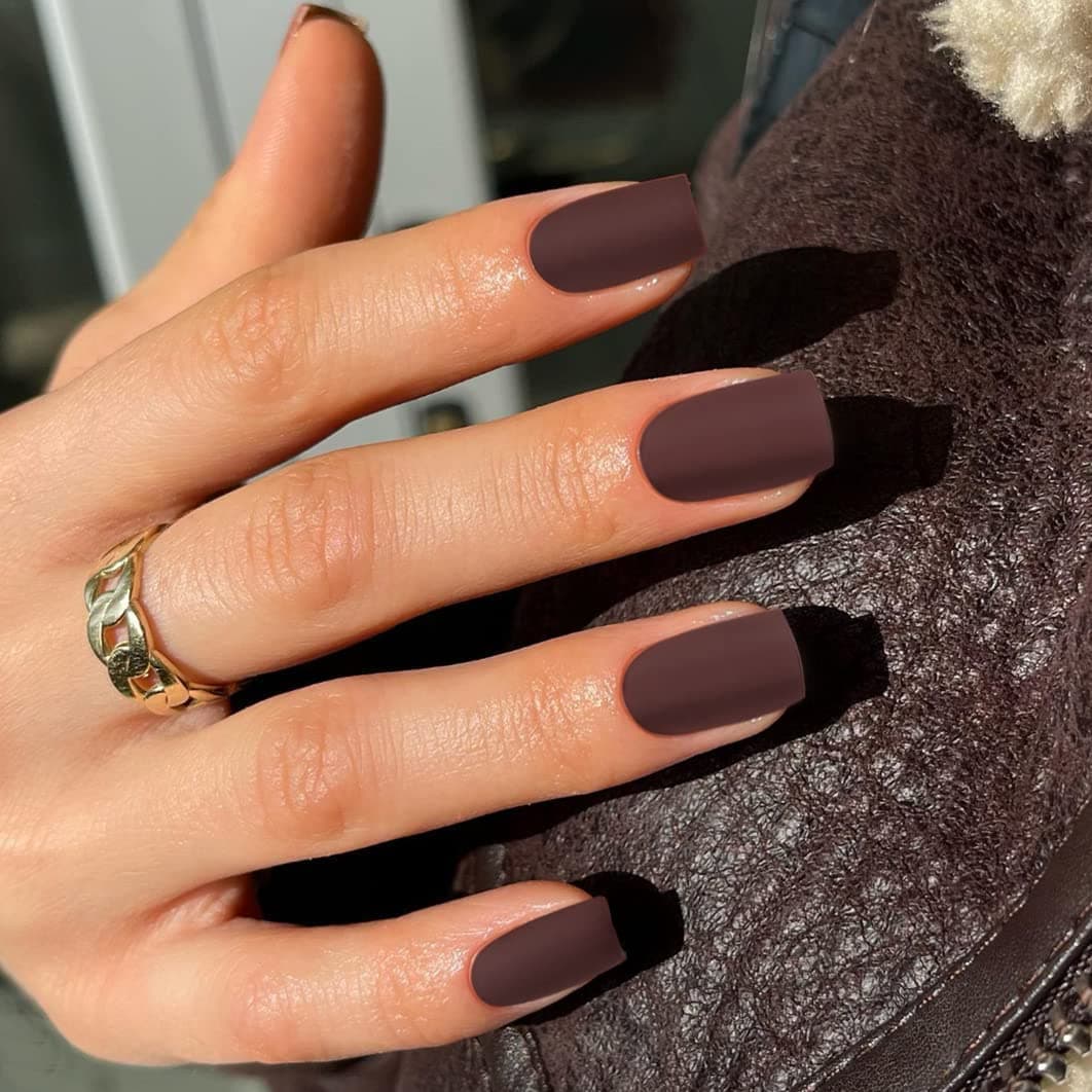 Dark Brown Maroon Press On Nails Short Square,KQueenest Glue on Nails,Short Fake Nails Kit Acrylic Pure Matte Color Gel Nails Set Natural Fingernails Manicure for Women Girls in 24PCS