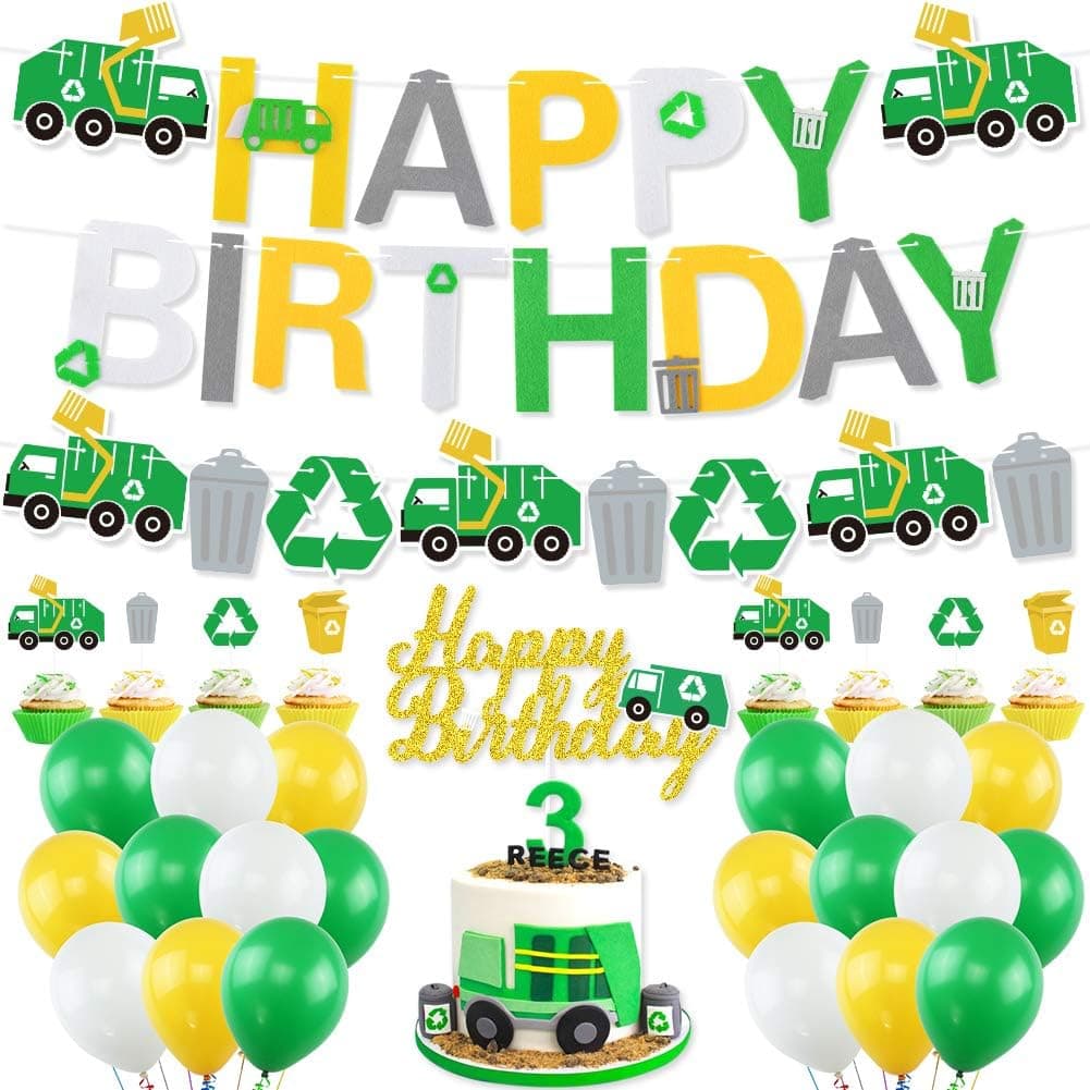 45 Pcs Garbage Truck Birthday Banner Garland and Cake Topper Green White Yellow Latex Balloons for Boy’s Birthday Party Supplies Waste Management Recycling Party Decor