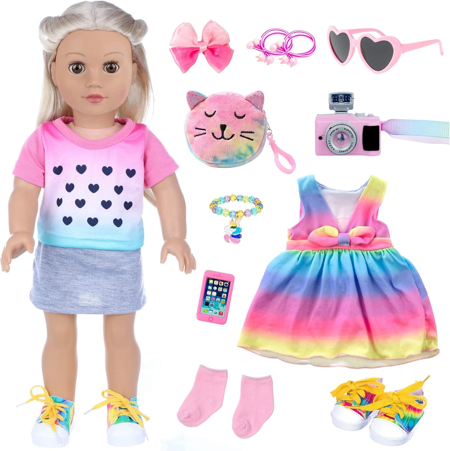 DONTNO 15 Pcs American 18 Inch Doll Clothes and Accessories - 2 Sets of 18 Inch Doll Clothes with Hairpin Camera Sunglasses Coin Purse Bracelet - Best Gift for Girls…