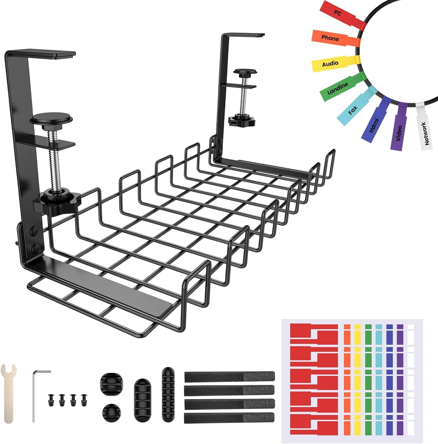 Under Desk Cable Management Tray 1 Pack, 15.7'' No Drill Under Desk Cable Organizer with 8 Color Cable Labels, Steel Cable Management Tray for Office Desks, Black