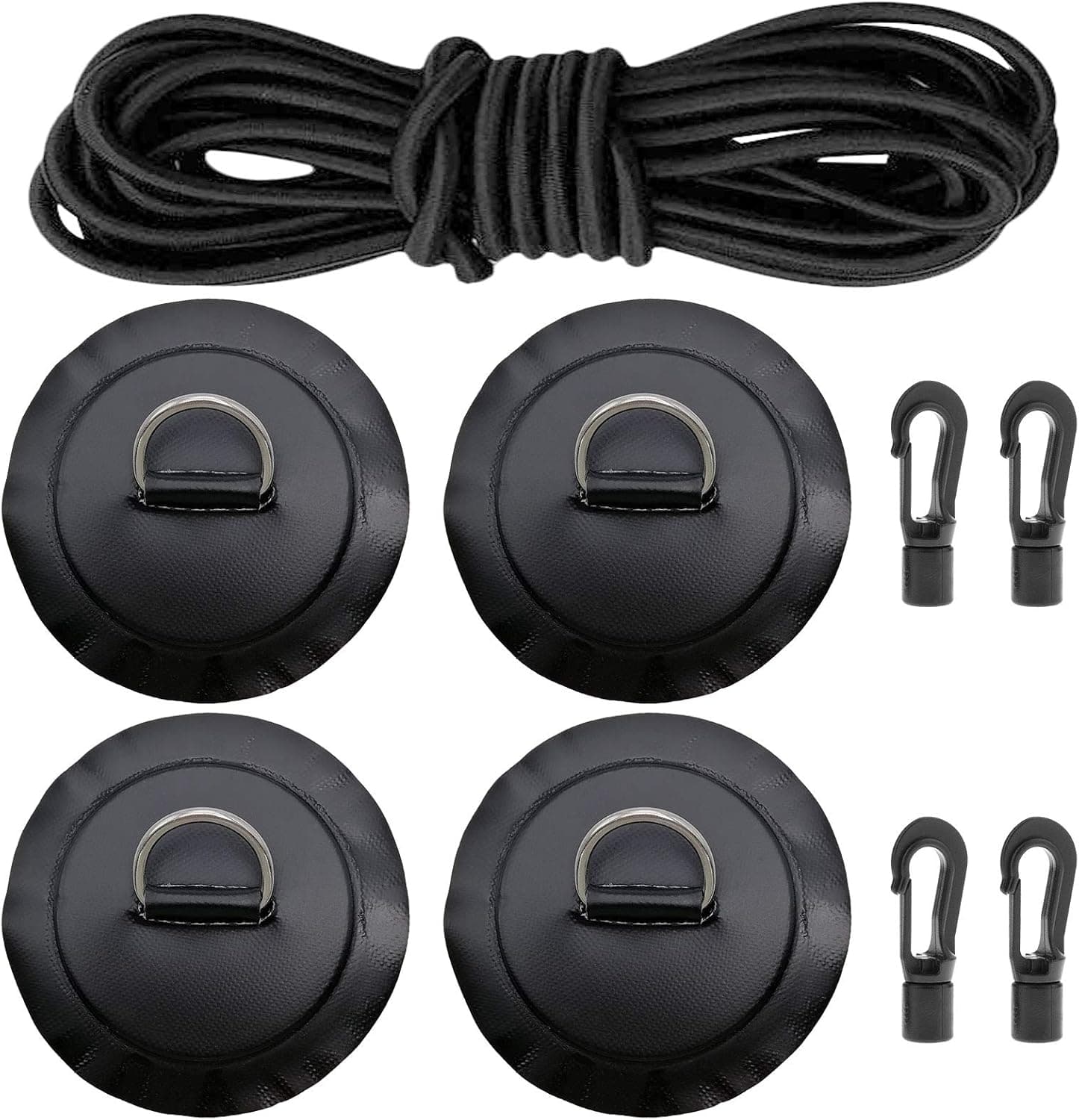A 12 Ft 6MM Shock Cord with Hooks Bungee Deck Rigging Kit with 4 Stainless Steel D-Ring Patch Suit for PVC Inflatable Boat SUP Kayak Canoe Deck Accessories