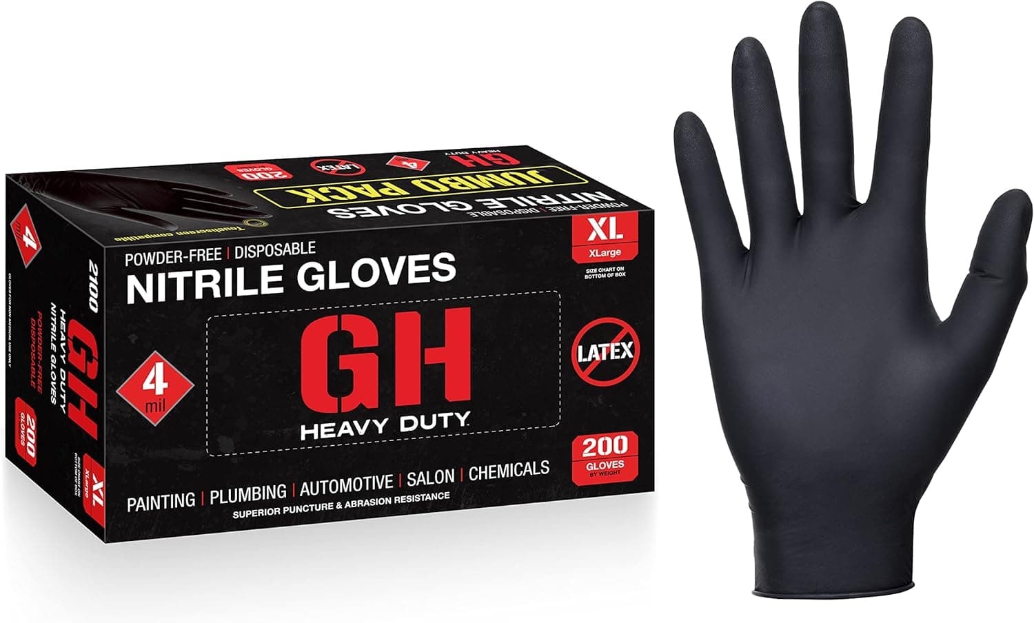 GH Heavy Duty Black Nitrile Gloves, 4 mil Thickness Disposable Gloves, Latex & Powder Free Work Gloves