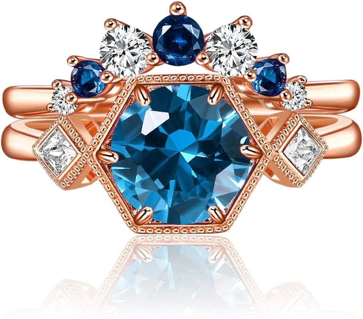 LAZLUVU Women Rings Oval Blue Simulated Emerald Oval Blue Cubic Zirconia Statement Rings Fashion Party Jewelry White Gold Plated Engagement Rings Gift Size 5-10