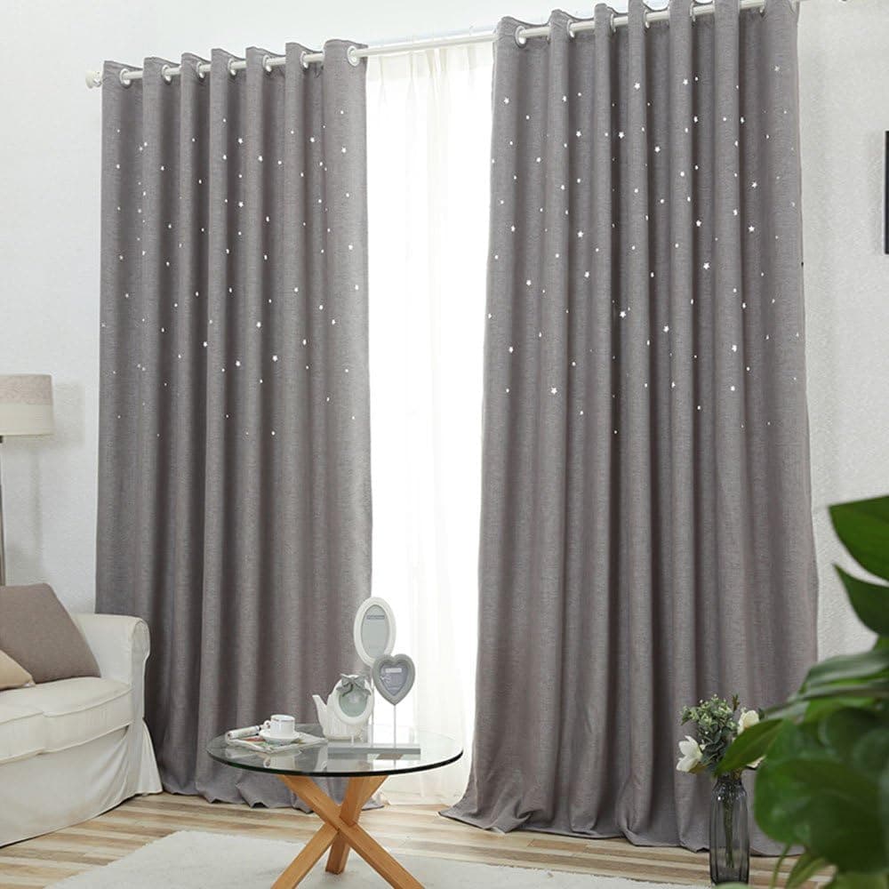 NIBESSER Faux Linen Laser Cutting Hollow Star 90% Blackout Thermal Insulated Kids Bedroom Curtains/Drapes for Nursery Room,2 Panels(42W x 84L Inch, Grey)