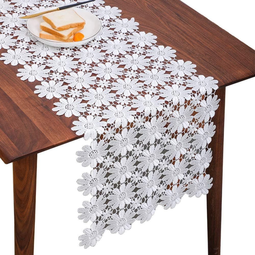 Shuolihome Exquisite lace Table Runner White Embroidery lace Sun Flower Suitable for Farmhouse Wedding Party Holiday Garden Tables (Offwhite-1, 16X70'')