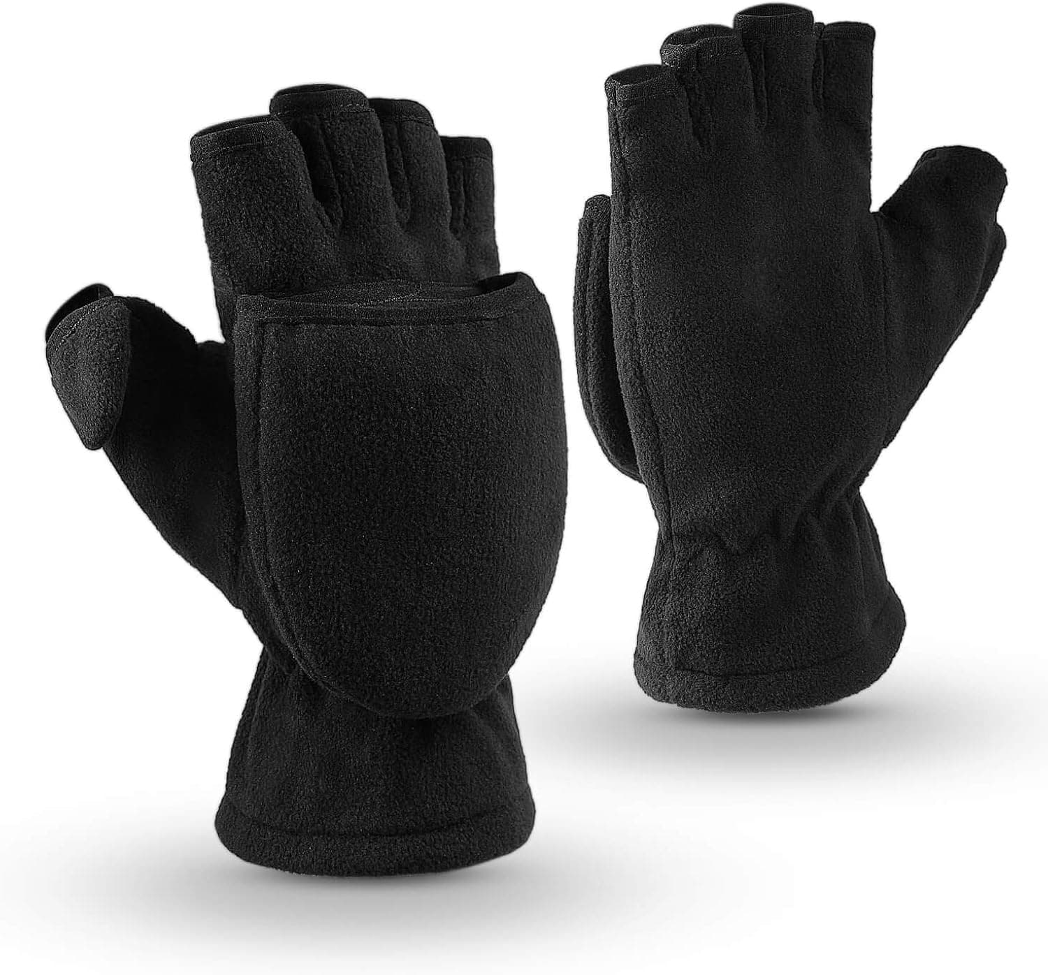 OZERO Winter Gloves Fingerless Convertible Mittens Thermal Polar Fleece Insulated Lining Windproof Warm for Men Women Black