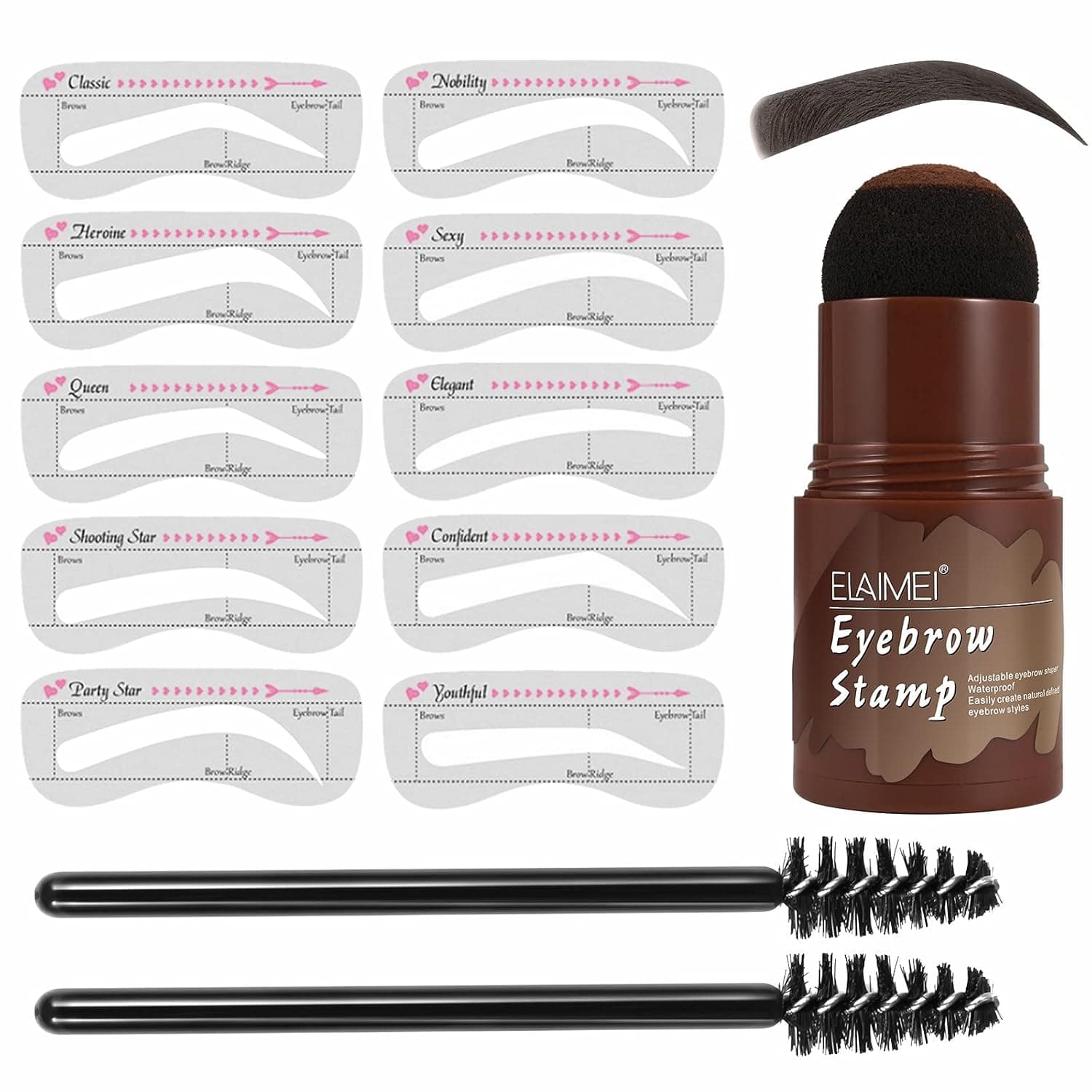 Eyebrow Stamp Shaping Kit - Professional Brow Powder Stamp Makeup with 10 Eyebrow Stencils 2 Eyebrow Pen Brushes (Medium Brown)