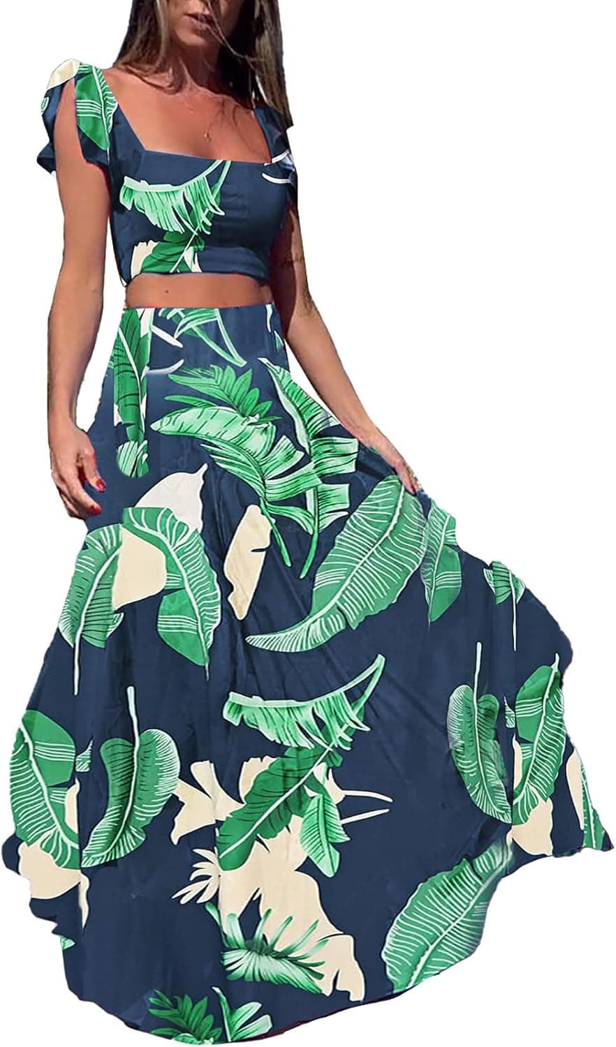 LKOUS Women's 2 Piece Dresses for Beach and Vacation, Floral Crop Top and High Haisted Long Skirts Sets