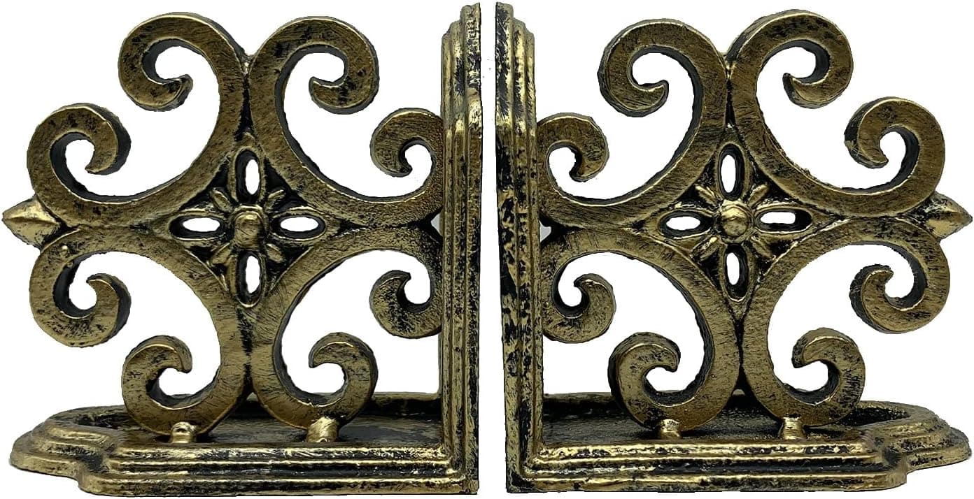 Decorative Bookends, Cast Iron Book Ends for Shelves, Set of 2 Heavy Duty Bookend Supports Book End Book Holder (Antique Gold)
