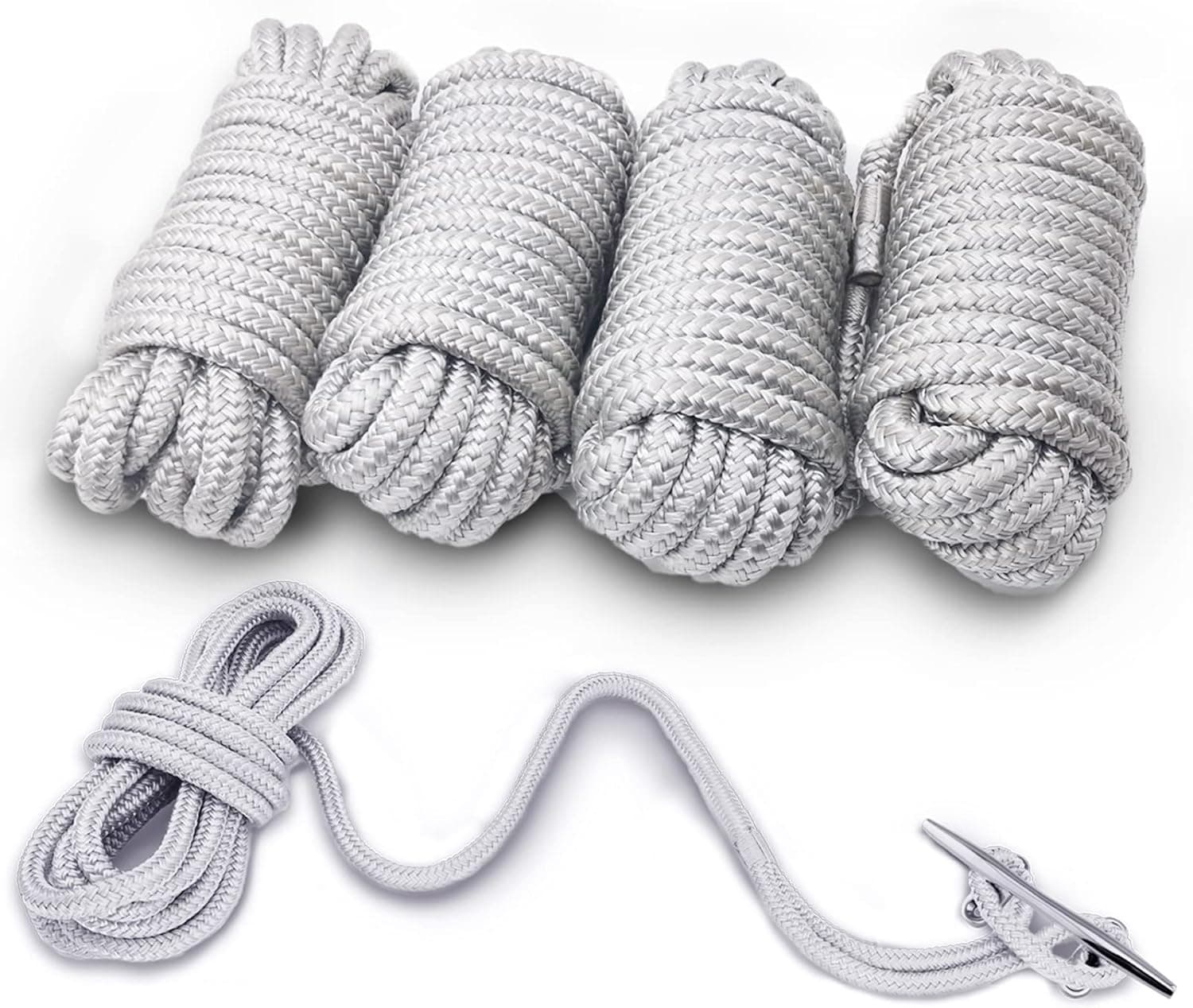 Free Ocean 4 Pack Durable Grey Dock Lines-1/2 x 20' Marine-Grade Double-Braided Nylon Dock Line with 12" Eyelet,Hi-Performance Boat Rope Mooring Rope Dock Line for Docking Boat Accessories