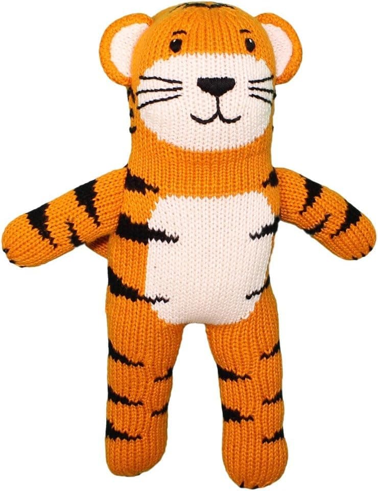 Zubels Baby Kai The Tiger Hand-Knit Plush Toy Rattle, All-Natural Fibers, Eco-Friendly, 7-Inch