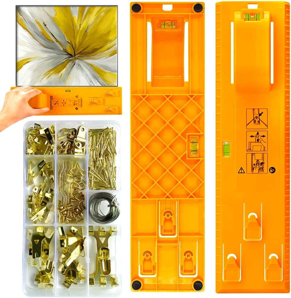 Picture Hanging Kit Frame Photo Hangers Tool with Level Ruler & Position Nail Multifunction - 220 Pieces Heavy Duty Hanger Accessories & Marking Pen - Perfect for Wall Photo Frames, Mirrors, Clocks