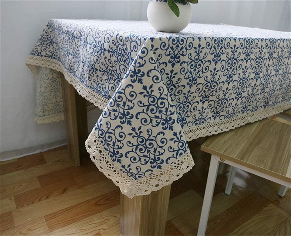 Washable Cotton Linen Fabric Vintage Navy Damask Pattern Decorative Macrame Lace Rectangle Tablecloth Dinner Picnic Table Cloth Home Decorative Oblong Table Cover Assorted (40 X 55 Inch (100140CM)