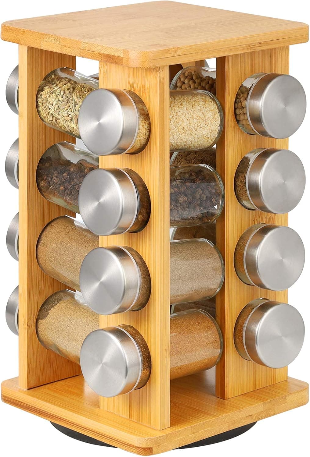 16-Jar Revolving Countertop Spice Rack Organizer, Spinning Countertop Herb and Spice Holder Rack Organizer with 16 Empty Spice Jars, Rotating Spice Holder Cabinet Seasoning Tower for Kitchen