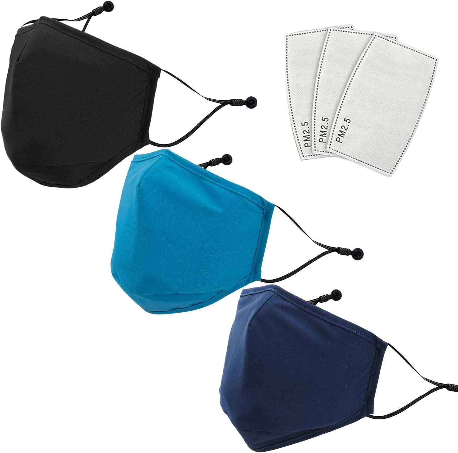 Hebileon 3-Pack Kids Individually Packaged Fashionable Face Mask with PM 2.5 Filter Sheet, Comfortable, Soft Elastic Ear Loops, Washable and Reusable Mouth S-hield (Black & Blue & Royal Blue)