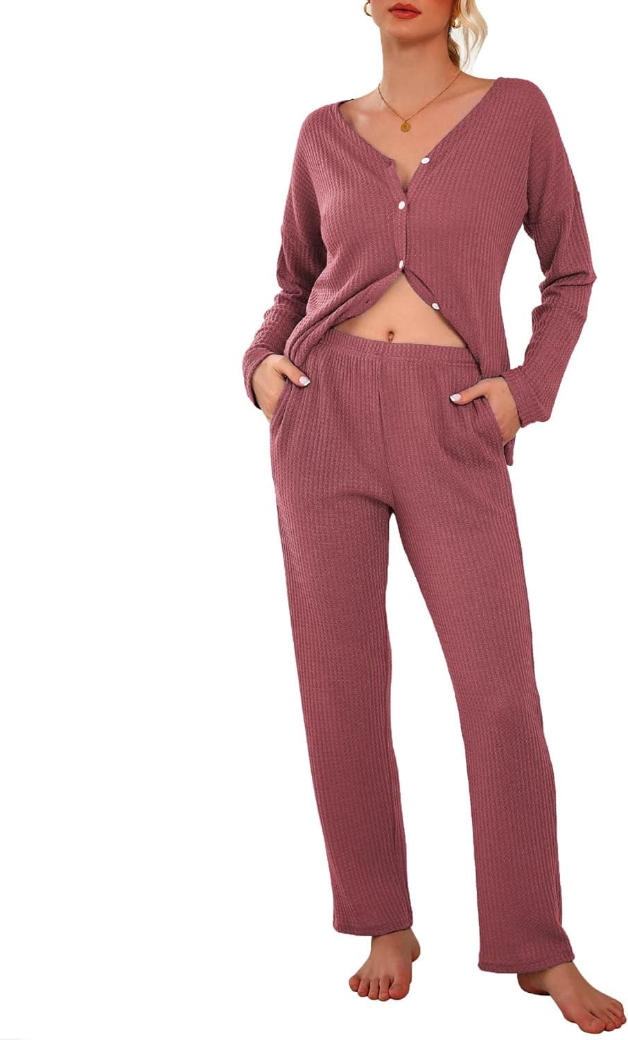 Ekouaer Two Piece Sleep Set Waffle Knit Pjs for Women Button Down Sleepwear Pajamas Set (Red,L)