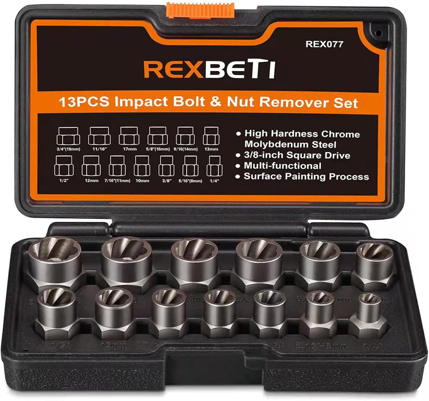 REXBETI Impact Bolt & Nut Remover Set, 13 Pieces Bolt Extractor Tool Set with Solid Storage Case
