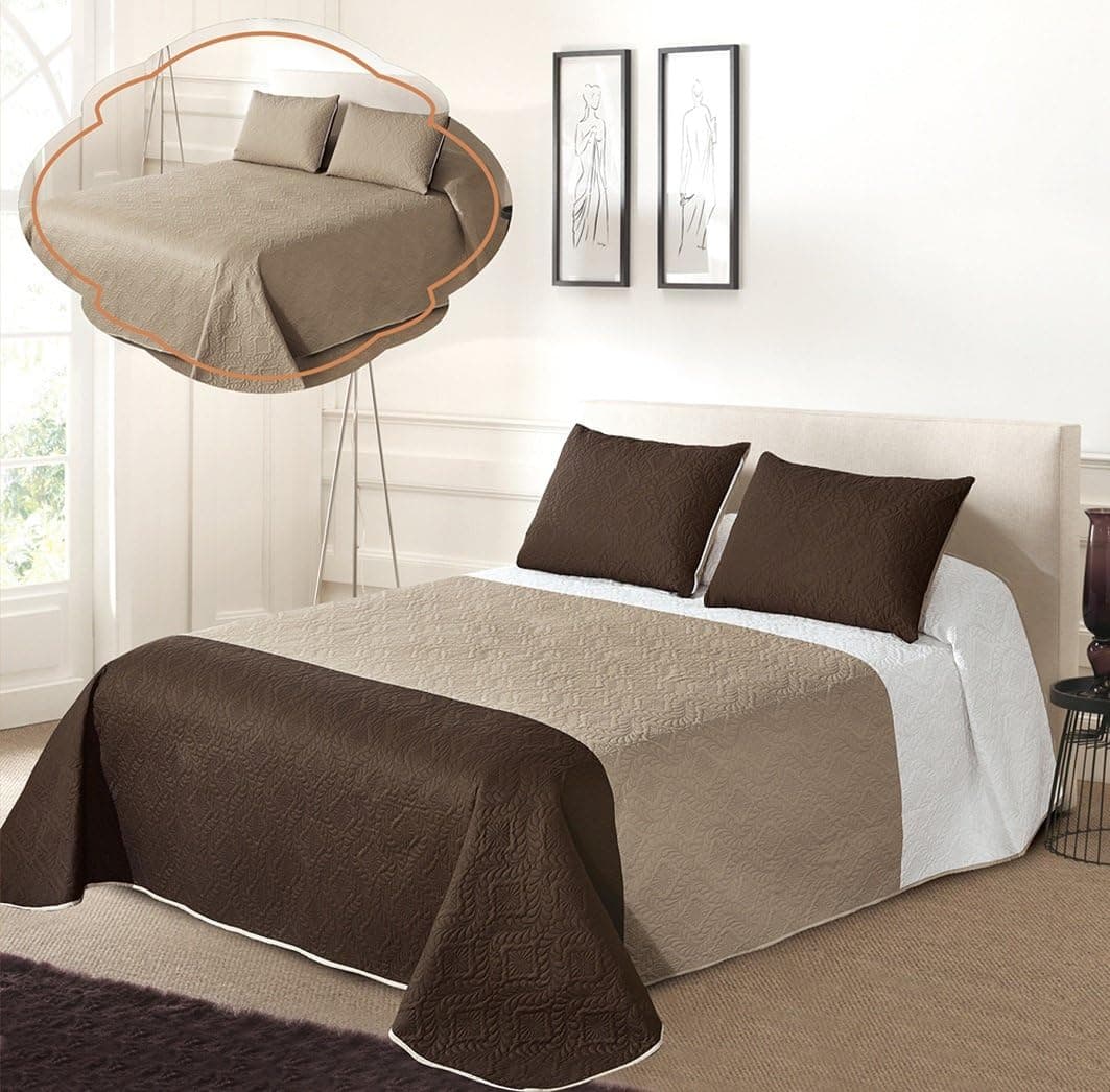All American Collection New 2pc Solid Three Color Combination Reversible Bedspread Set (Twin Set, White/Beige/Coffee)