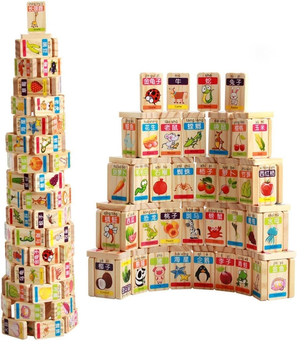 Guaishou New Chinese English Language Learning Wooden Blocks Domino Children's Educational Product Wooden Toys Recognize / Identify Fruits and Animals 100pcs