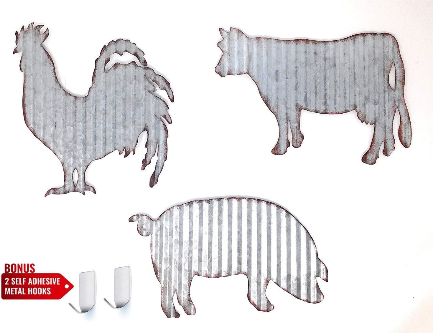 Kitchow Cow, Pig & Rooster Corrugated Steel Barnyard Signs - Set of 3 Farmhouse Distressed Wall Art Animals - Two Bonus Self Adhesive Wall Hooks
