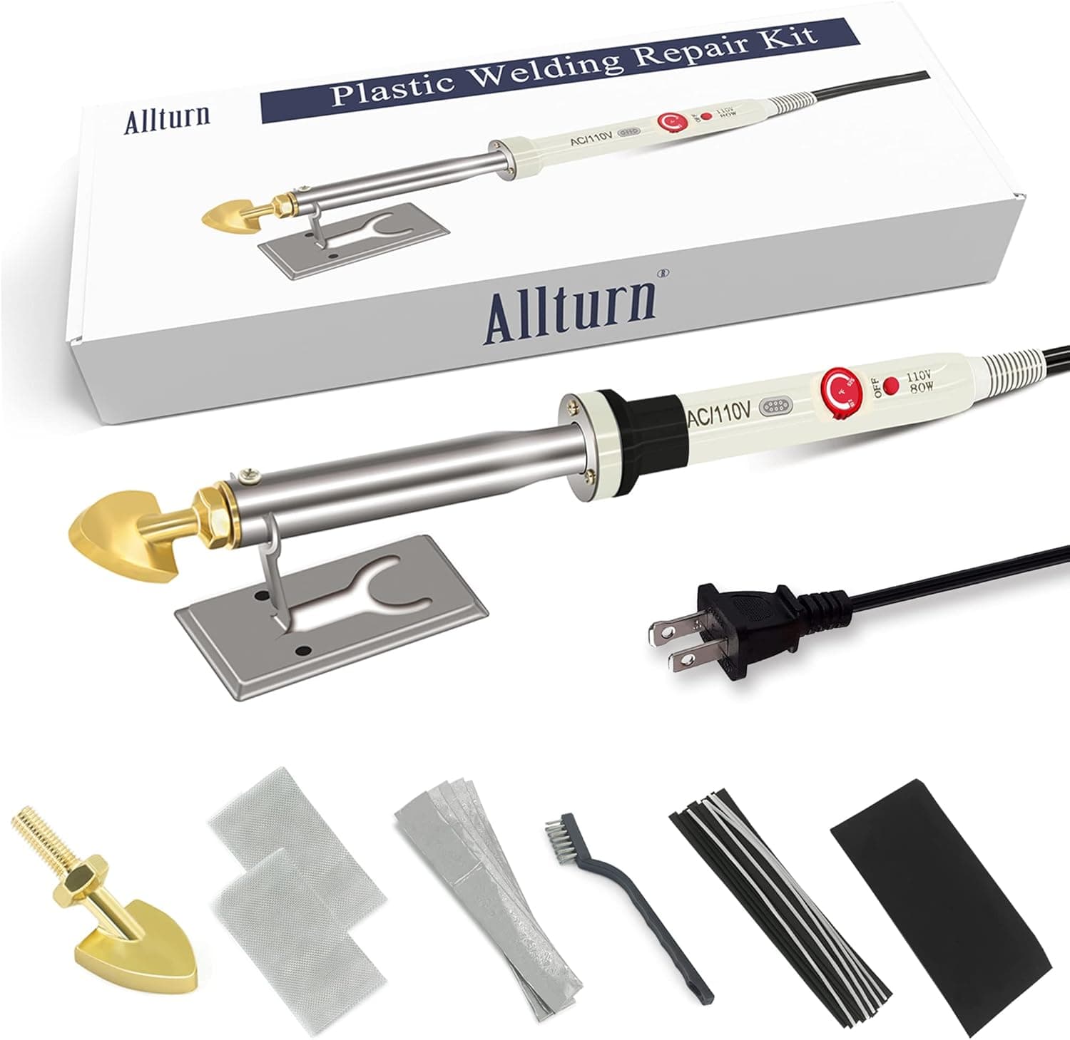 Allturn 110V-80W Temperature Control Plastic Welder,Plastic Welding Kit for Car Bumper,Dashboard,Kayak, Canoe,With Plastic Rods,Aluminum foil tape,Welder Tips,Mesh,Sandpaper,Metal Stand,Metal Brush.