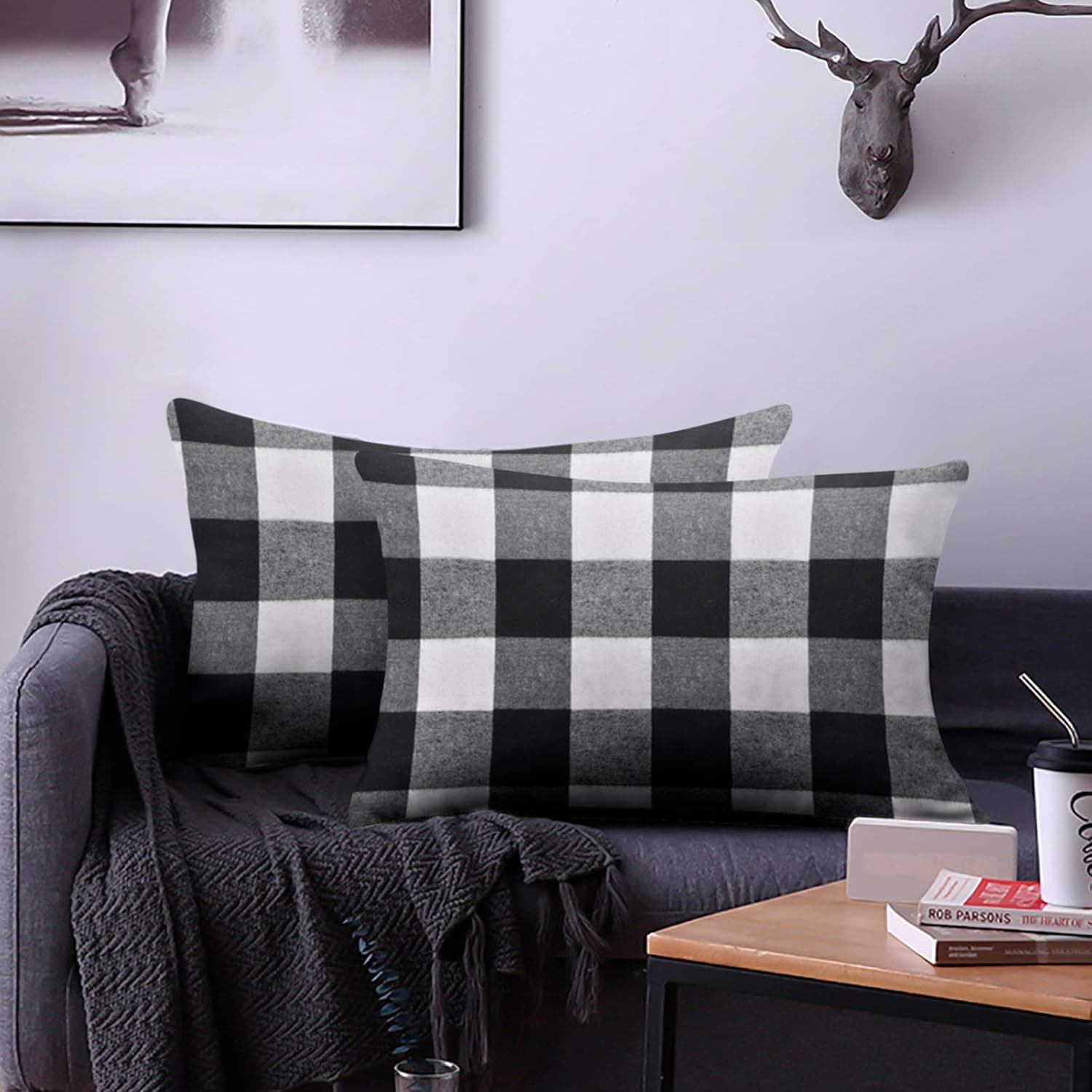 Sinpooo Set of 2 Black and White Farmhouse Buffalo Checkers Plaid Throw Pillow Covers Cotton Polyester Decorative Square Pillowcase Cushion Cover for Sofa Bedroom Car 12 x 20 Inch