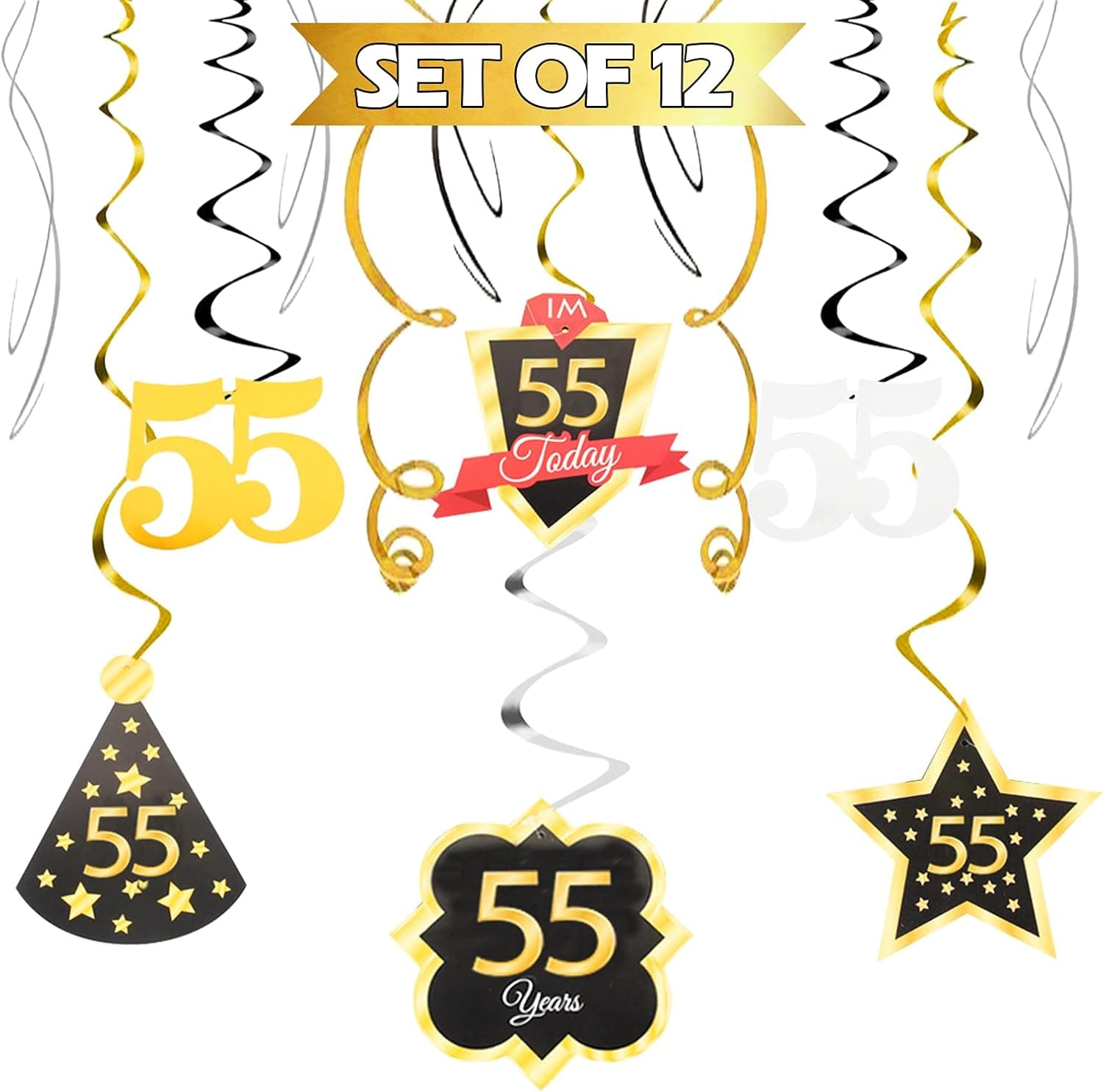 LINGTEER Happy 55th Birthday Swirls Streamers - Cheers to 55th Birthday 55 Years Old Bday Party Hanging Decorations.