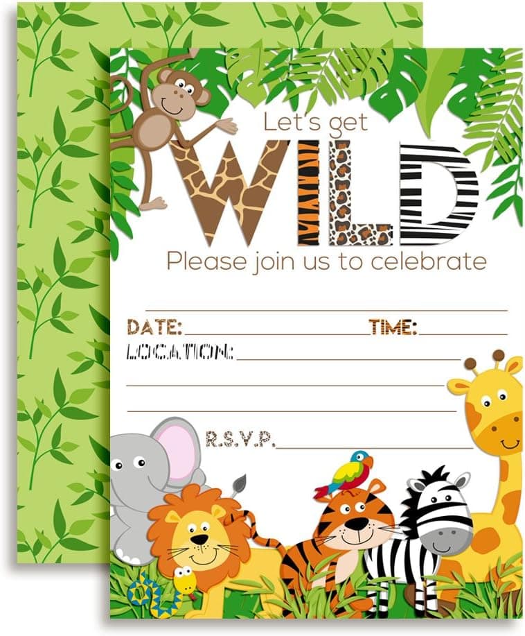 Let's Get Wild Jungle Animal Party Invitations, 20 5"x7" Fill In Cards with Twenty White Envelopes by AmandaCreation