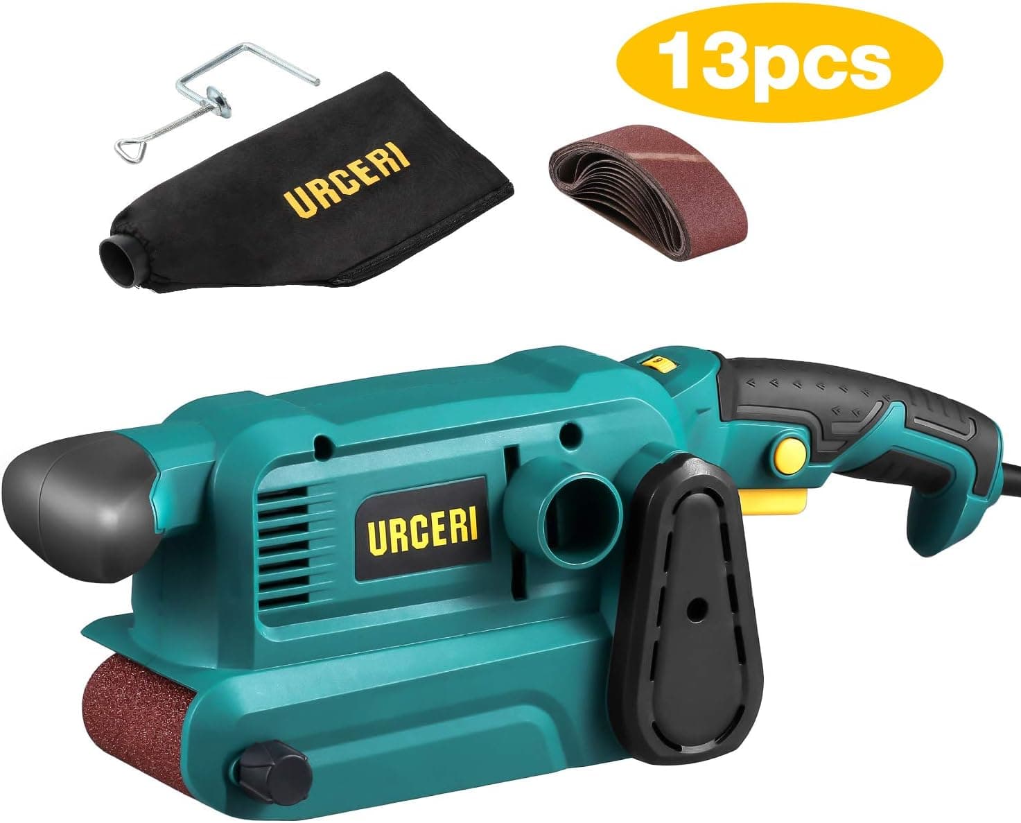 URCERI Belt Sander 800W 3×18 Inch with 13Pcs Sanding belt, 7A Power Bench Sander with 6 Variable Speeds, Dust Collection Bag, 35mm Vacuum Adapter, Screw Clamps and Lock-on Button